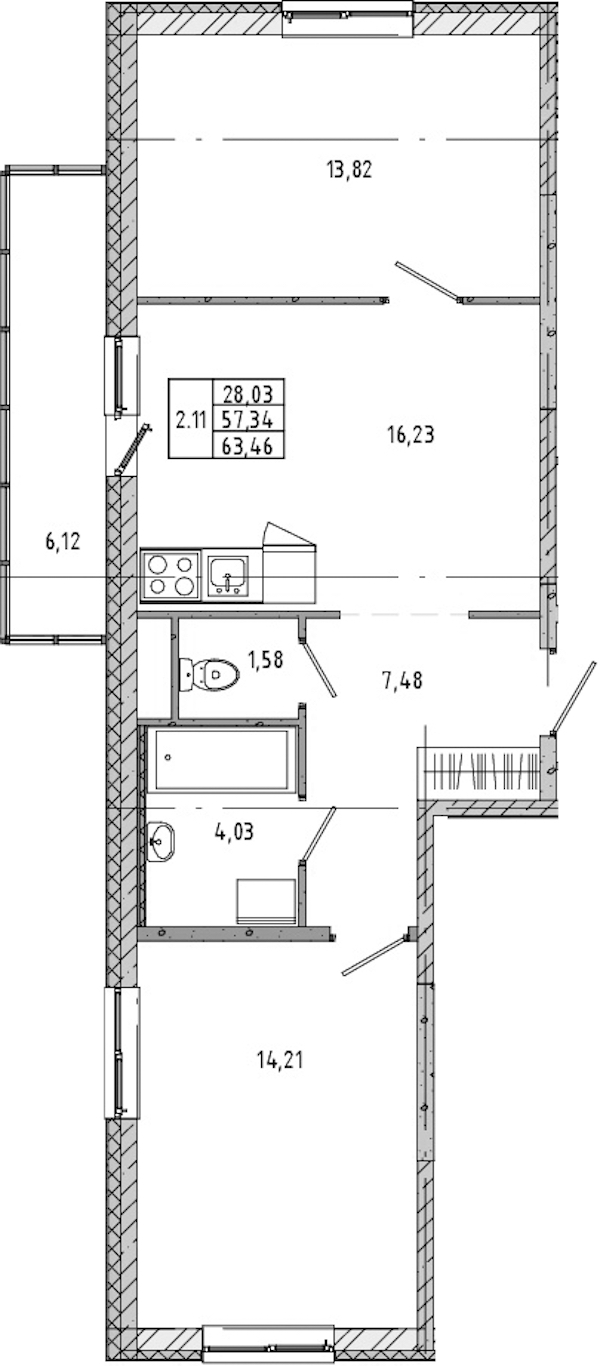 2-комнатная квартира 57.32 м², 8/21 эт., ЖК «Новые горизонты 2»